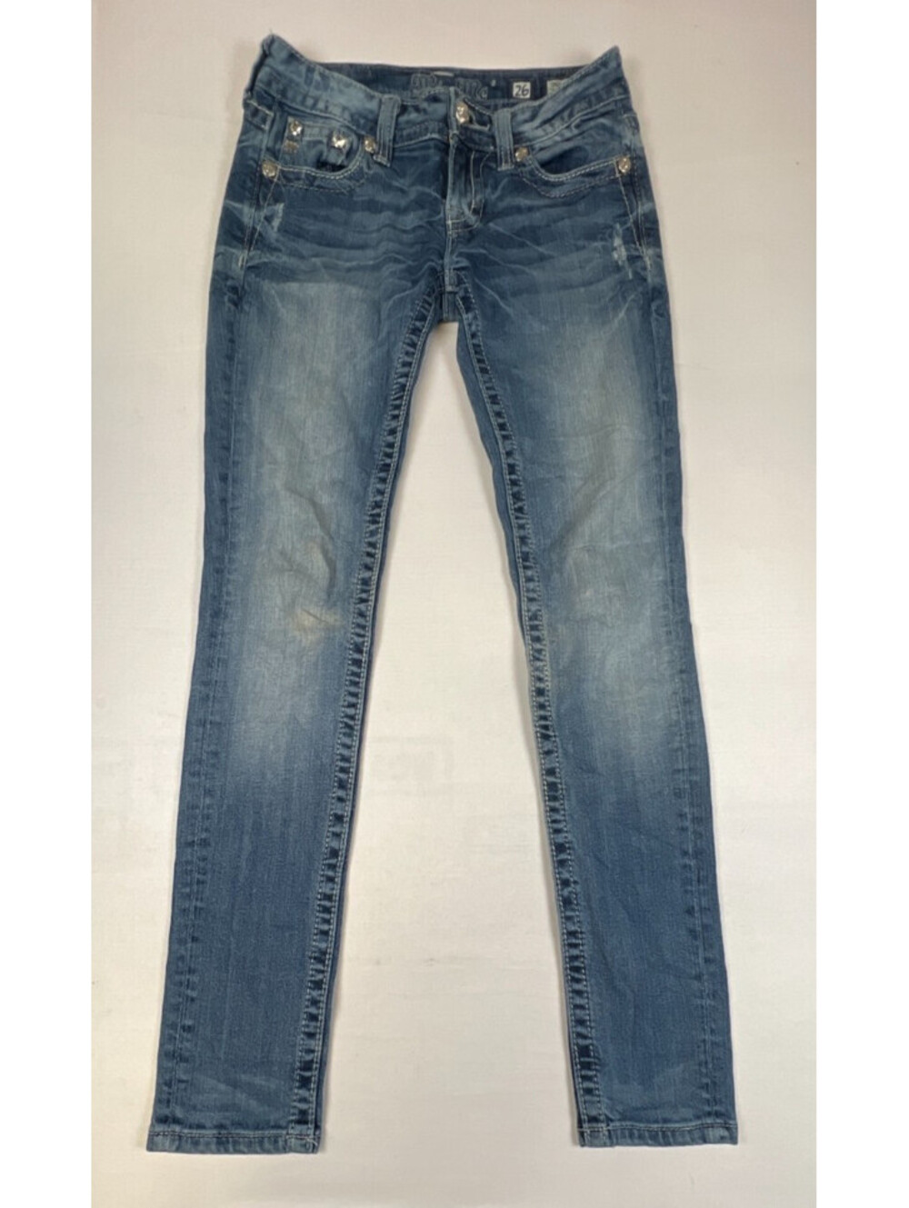 Miss Me Women's Size 26 Blue Denim Jeans Embellished Floral Pockets Slim Fit